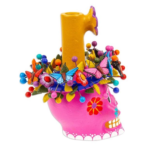 Alternate image for Fuchsia Floral Ceramic Skull Taper Candleholder Fuchsia Floral Skull