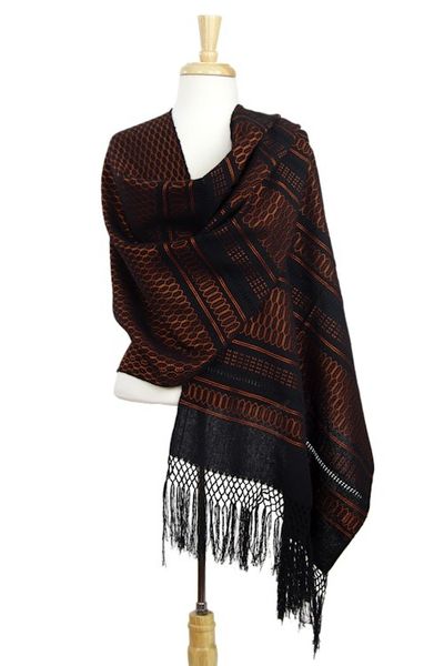 Alternate image for Black and Orange Handwoven Zapotec Rebozo Shawl Fiesta in Black and Tangerine
