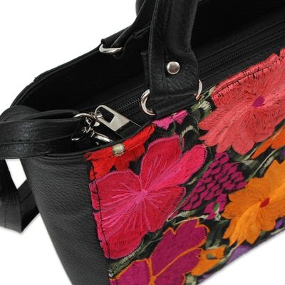 Alternate image for Floral Cotton Accent Leather Handbag from Mexico Bouquet of Flowers