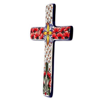 Alternate image for Multicolored Ceramic Mexican Wall Cross with Floral Motifs Flower Field