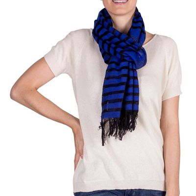 Alternate image for Handmade Geometric Cotton Striped Scarf Blue Totonicapan Diamonds