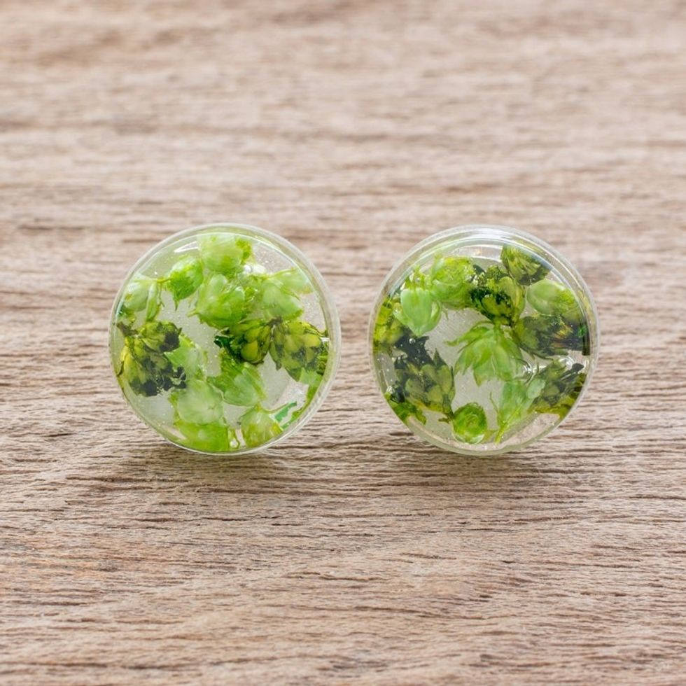 Green Flower in Clear Resin Button Earrings from Costa Rica 'Eternal Bouquet in Green'