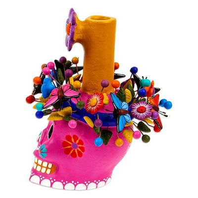 Alternate image for Fuchsia Floral Ceramic Skull Taper Candleholder Fuchsia Floral Skull