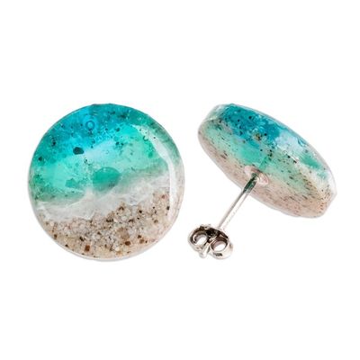 Alternate image for Seascape-Themed Sterling Silver and Resin Button Earrings Sea Shining