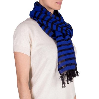 Alternate image for Handmade Geometric Cotton Striped Scarf Blue Totonicapan Diamonds