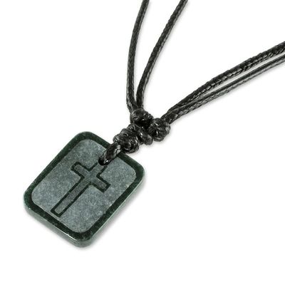 Alternate image for Etched Cross on Jade Pendant Artisan Crafted Necklace Faith and Love