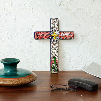 Alternate image for Multicolored Ceramic Mexican Wall Cross with Floral Motifs Flower Field