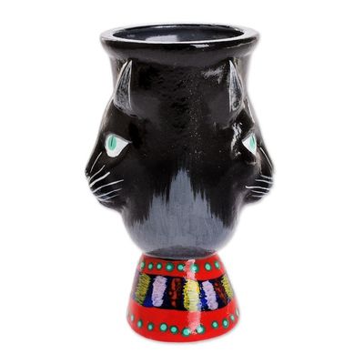 Alternate image for Hand-Painted Ceramic Flower Pot Top Cat in Black