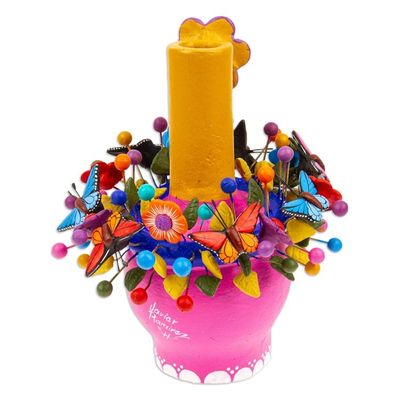 Alternate image for Fuchsia Floral Ceramic Skull Taper Candleholder Fuchsia Floral Skull