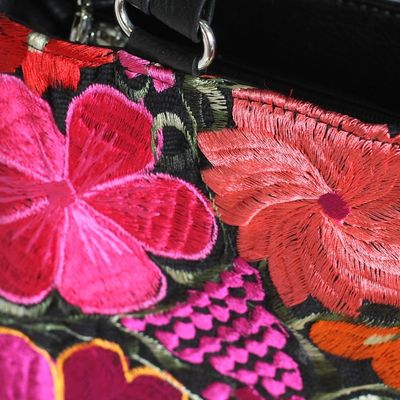 Alternate image for Floral Cotton Accent Leather Handbag from Mexico Bouquet of Flowers