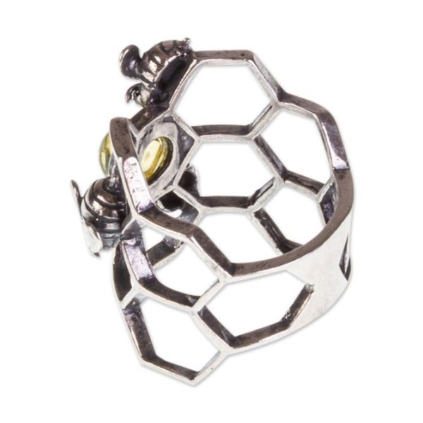Alternate image for Amber and Sterling Silver Bee Cocktail Ring from Mexico Glowing Honey
