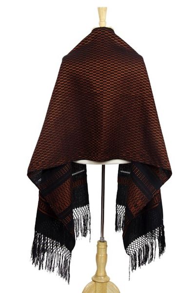 Alternate image for Black and Orange Handwoven Zapotec Rebozo Shawl Fiesta in Black and Tangerine