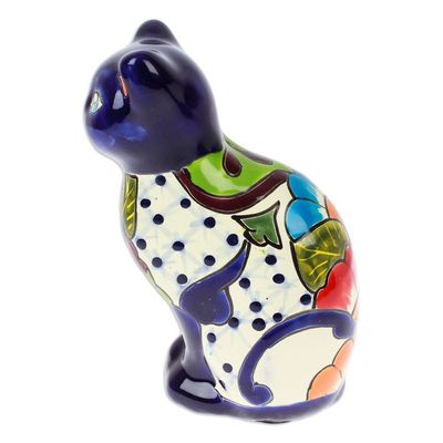 Alternate image for Hand-Painted Hacienda Cat-Themed Ceramic Sculpture in Blue Feline Essence in Blue