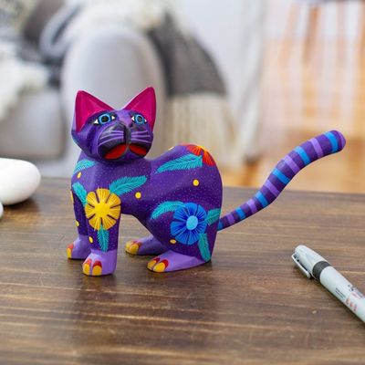 Alternate image for Hand Crafted Purple Wood Kittycat Folk Art Sculpture Magical Cat
