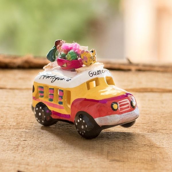 Alternate image for Yellow and Red Ceramic Mini Bus Figurine from Guatemala Petite Old Time Market Bus