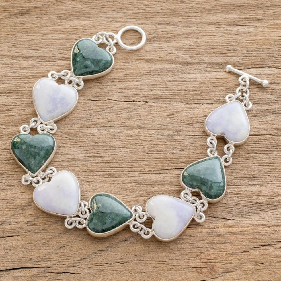 Handcrafted Heart Shaped Sterling Silver Link Jade Bracelet 'Soul Mates'