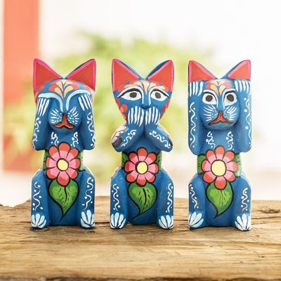 Alternate image for Handmade and Hand-painted Wood Cat Figurines Set of 3 See, Hear and Speak No Evil