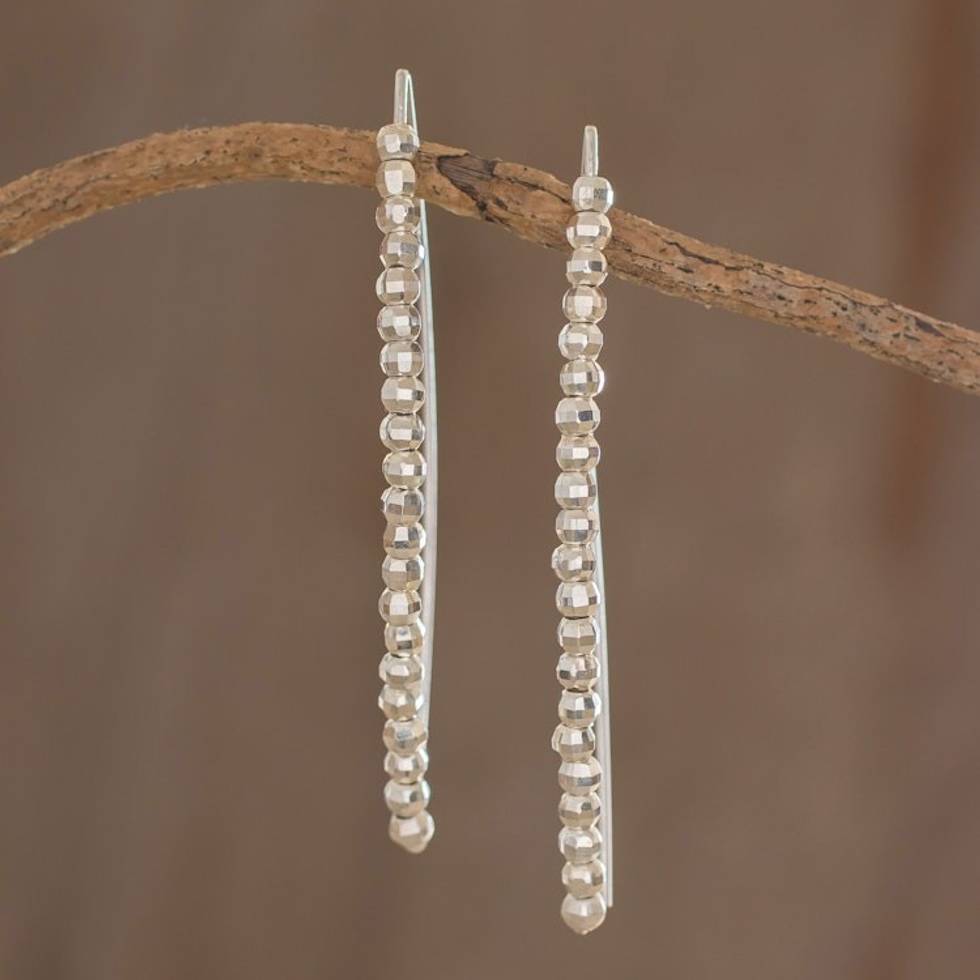 Fine Silver Beaded Drop Earrings from Guatemala 'Rain of Light'