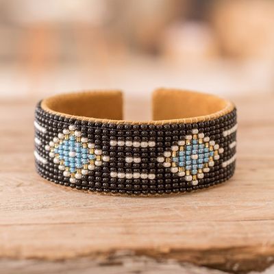 Alternate image for Black and Blue Glass Beaded Cuff Bracelet with Leather Altar Diamonds