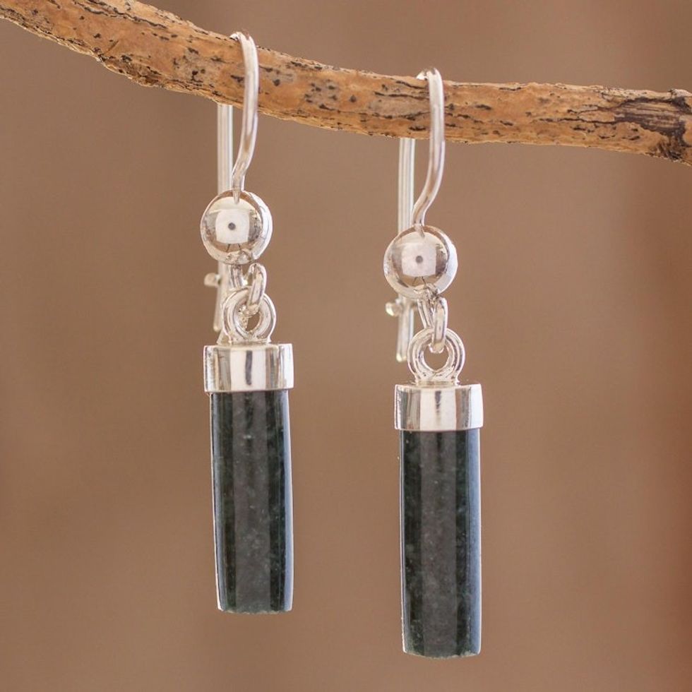Dark Green Jade Cylindrical Dangle Earrings from Guatemala 'Dark Green Mayan Pillars'