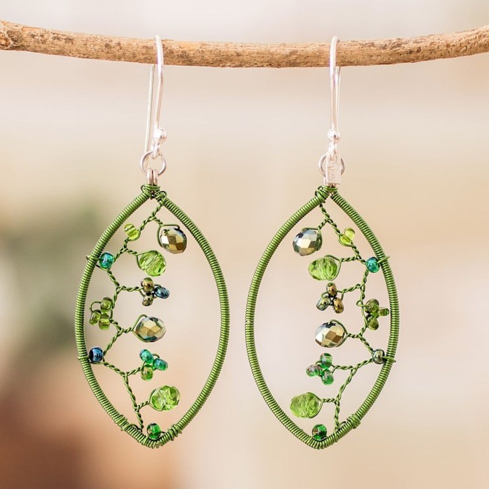 Green Crystal and Glass Beaded Dangle Earrings with Hooks 'Green Crystal Web'