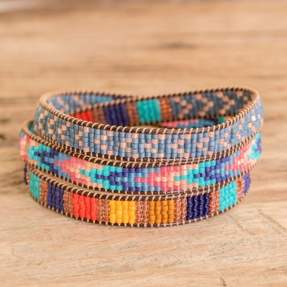 Multicolor Glass Beaded Wrap Bracelet with Geometric Motifs 'Streets of Antigua'