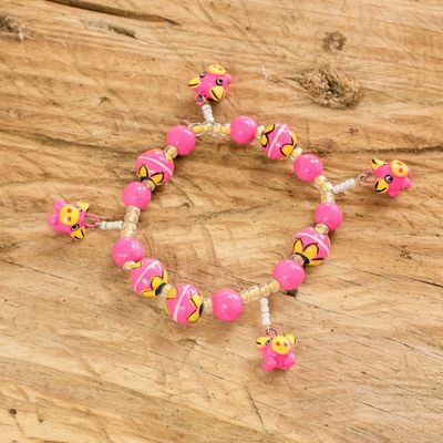 Alternate image for Handcrafted Ceramic Beaded Stretch Bracelet in Pink Little Pink Pigs