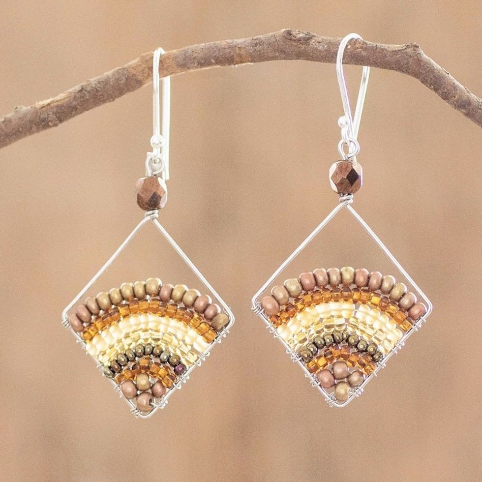 Amber Colored Beaded Dangle Earrings With Silver Hooks 'Amber Rainbow'