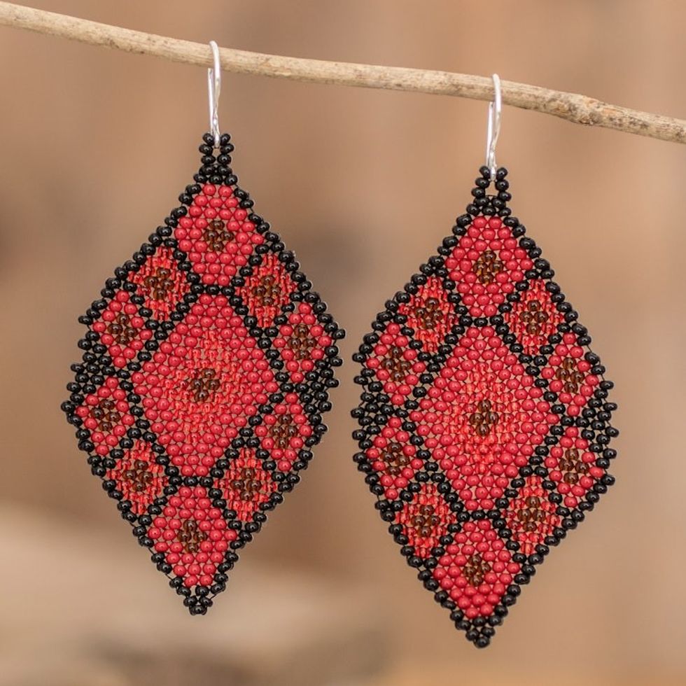 Geometric Beaded Dangle Earrings in Red and Black Hues 'Rhombus Trend in Red'