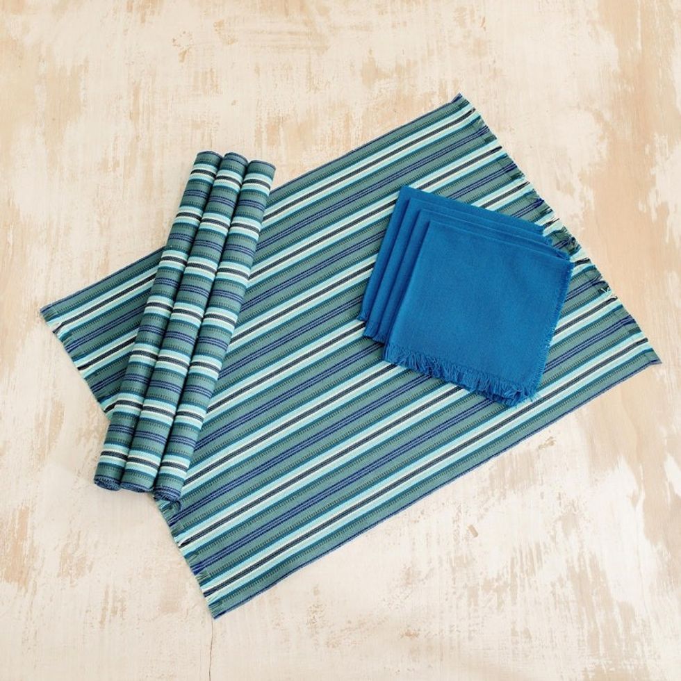 Handwoven Guatemalan Cotton Placemats  Napkins set for 4 'Sandy Shore'