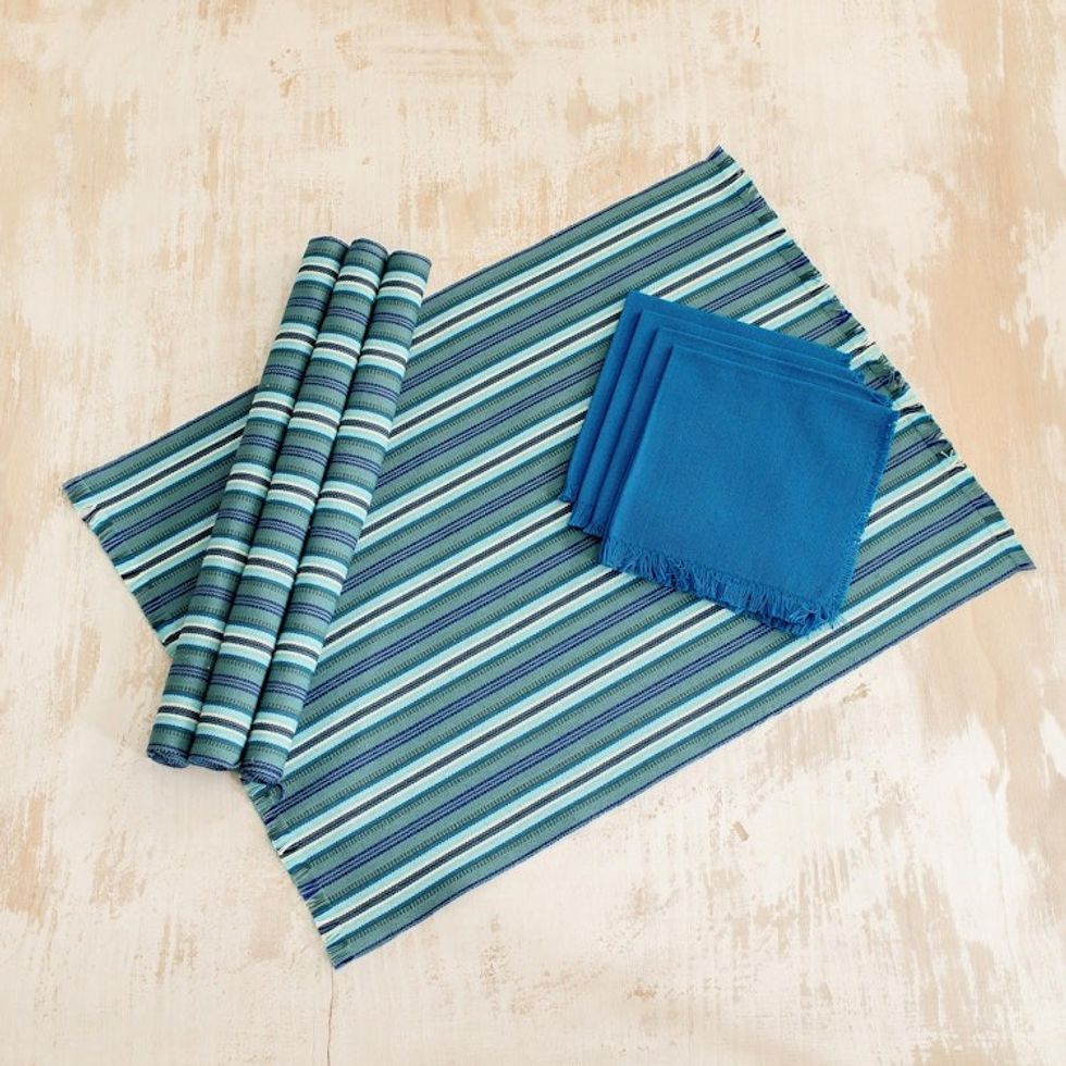 Handwoven Guatemalan Cotton Placemats Napkins set for 4 'Sandy Shore'