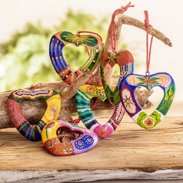 Alternate image for Set of 6 Handmade Ceramic Heart Ornaments in Colorful Tones Flora and Fauna Heart