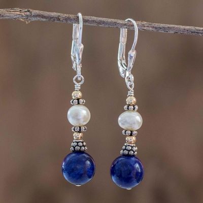 Alternate image for Lapis Lazuli and Cultured Pearl Earrings Blue and White