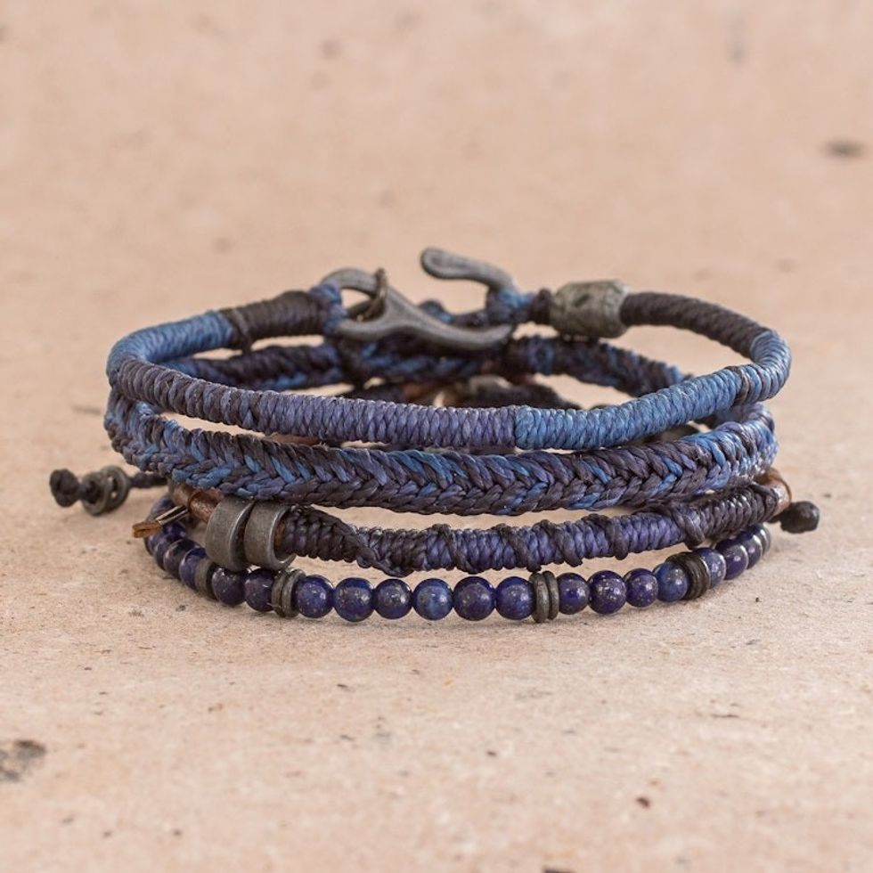 Lapis Lazuli and Leather Bracelets from Guatemala Set of 4 'Boho Friends'