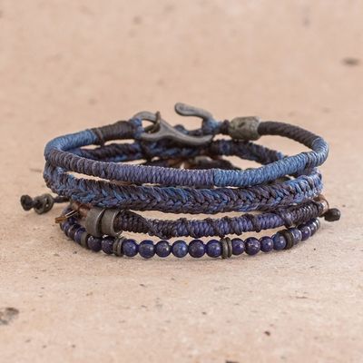 Alternate image for Lapis Lazuli and Leather Bracelets from Guatemala Set of 4 Boho Friends