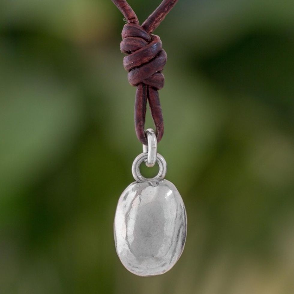 Fine Silver Guatemalan Pendant Necklace with Leather Cord 'Shimmering Egg'