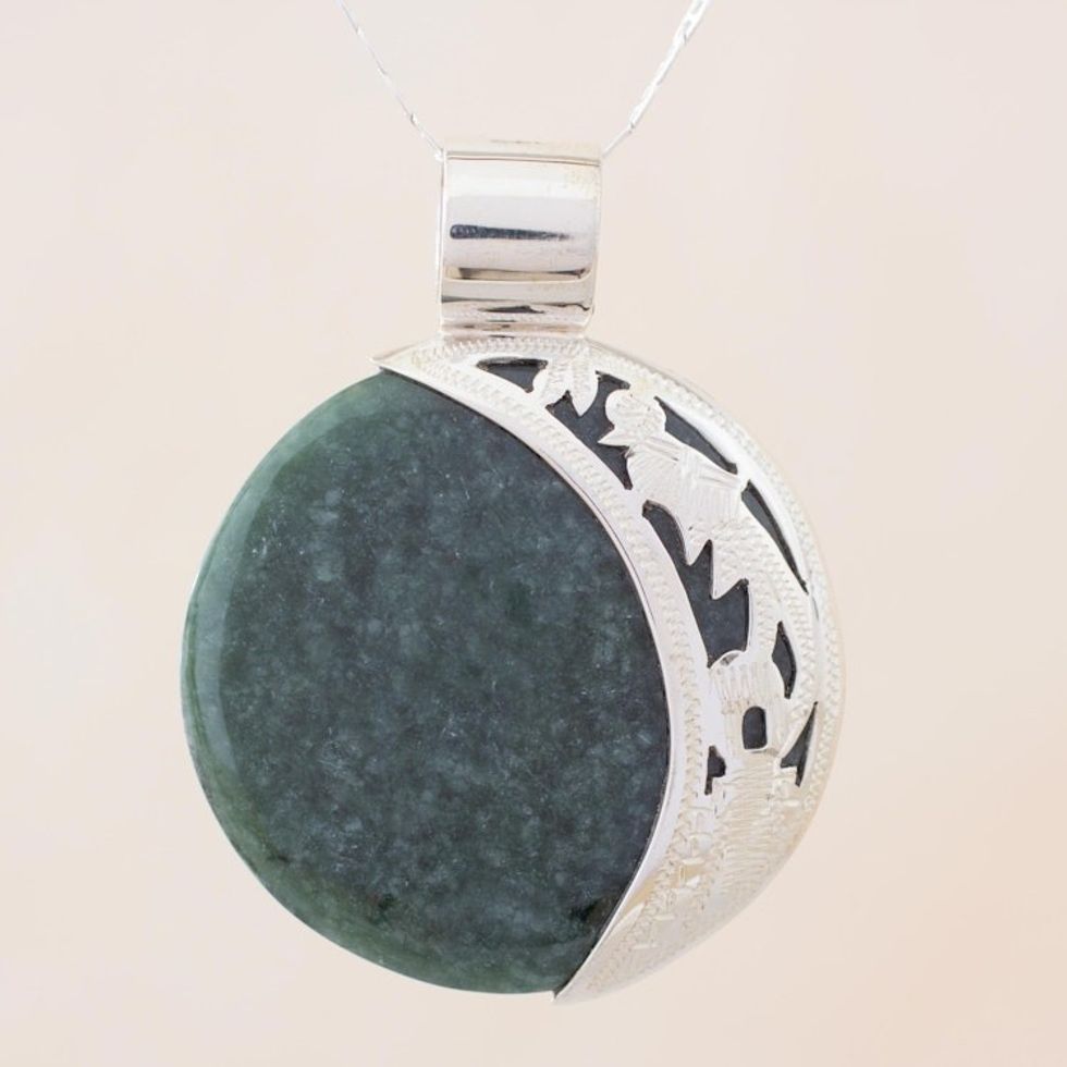 Eclipse Green Jade and Sterling Silver Pendant Necklace 'Green Quetzal Eclipse'