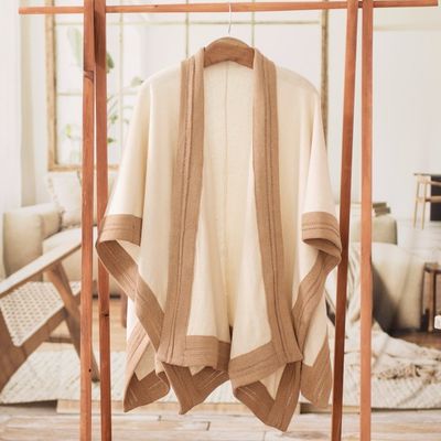 Alternate image for Handloomed Bordered Alabaster and Tan Cotton Ruana Evening Valley