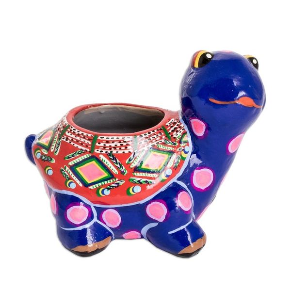 Alternate image for Hand-Painted Blue Ceramic Turtle Flower Pot from Guatemala Herbaceous Turtle