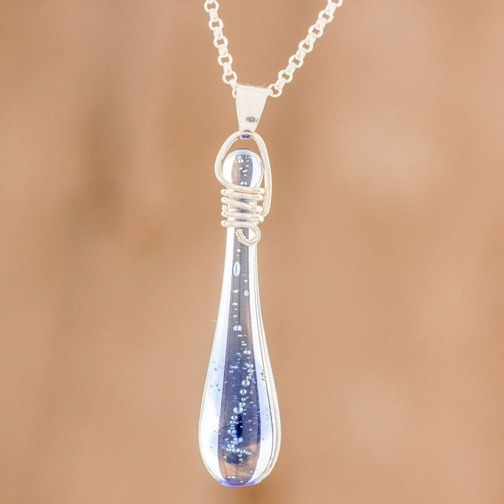 Glass Pendant Necklace in Blue from Costa Rica 'Bubbling Spring'