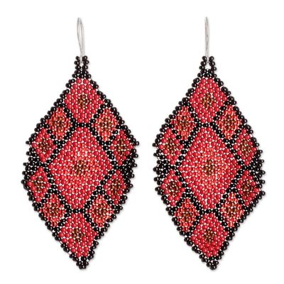 Alternate image for Geometric Beaded Dangle Earrings in Red and Black Hues Rhombus Trend in Red
