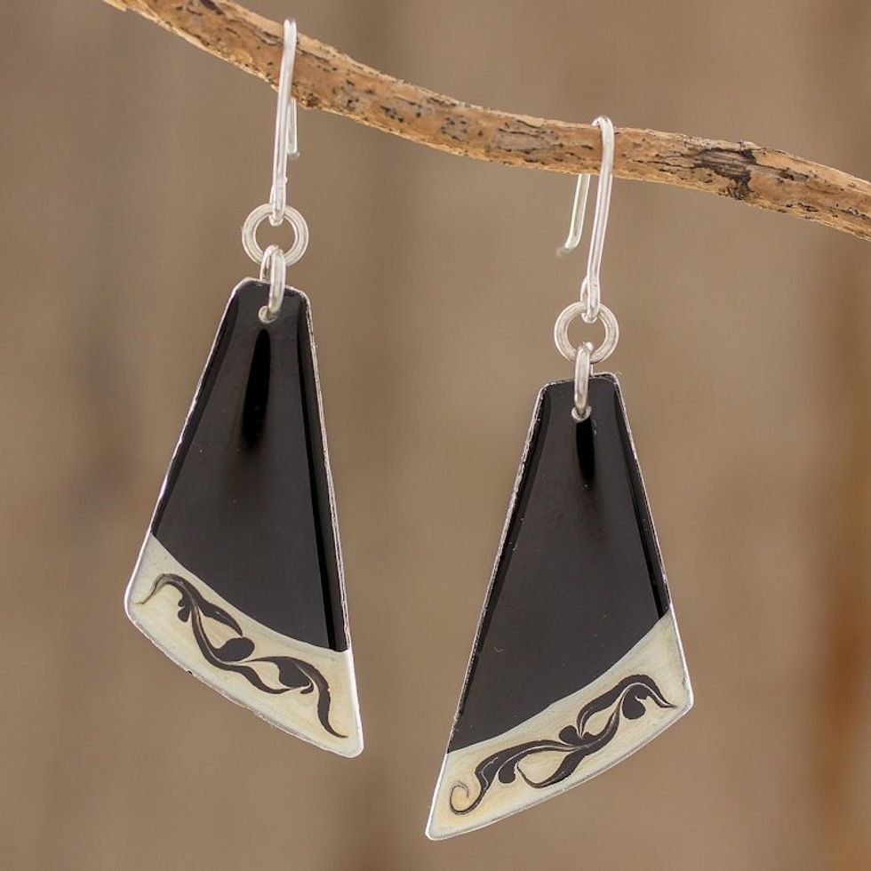 Black Asymmetrical Triangle Art Glass Dangle Earrings 'Dance Fan'