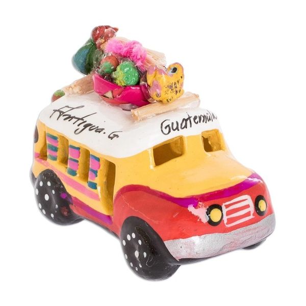 Alternate image for Yellow and Red Ceramic Mini Bus Figurine from Guatemala Petite Old Time Market Bus