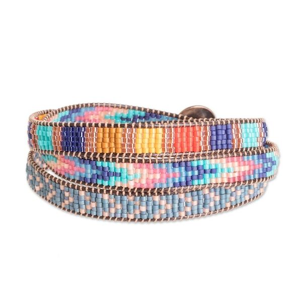 Alternate image for Multicolor Glass Beaded Wrap Bracelet with Geometric Motifs Streets of Antigua