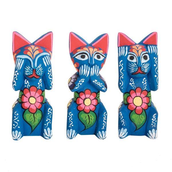 Alternate image for Handmade and Hand-painted Wood Cat Figurines Set of 3 See, Hear and Speak No Evil