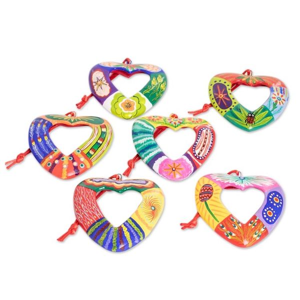 Alternate image for Set of 6 Handmade Ceramic Heart Ornaments in Colorful Tones Flora and Fauna Heart
