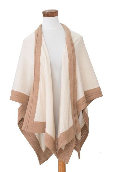 Alternate image for Handloomed Bordered Alabaster and Tan Cotton Ruana Evening Valley