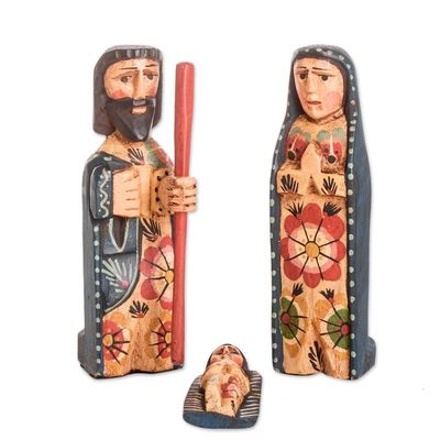 Alternate image for Set of 3 Handcrafted Pinewood Statuettes with Floral Details A Holy Family