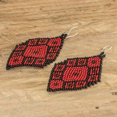 Alternate image for Geometric Beaded Dangle Earrings in Red and Black Hues Rhombus Trend in Red