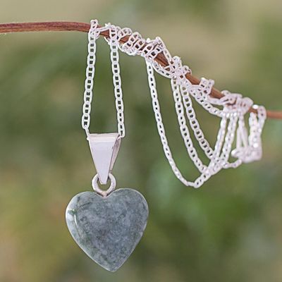 Alternate image for Light Green Jade Silver Heart Pendant Necklace Guatemala Mayan Heart in Light Green